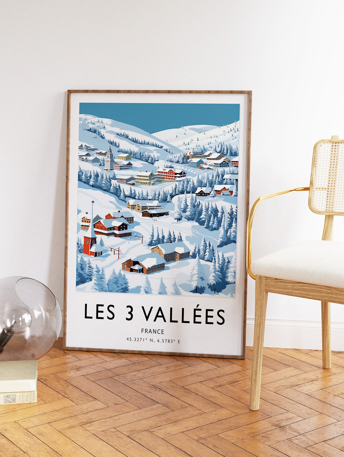 Les 3 Vallees France Snowy Village Chalets Coordinates Poster - Image 2