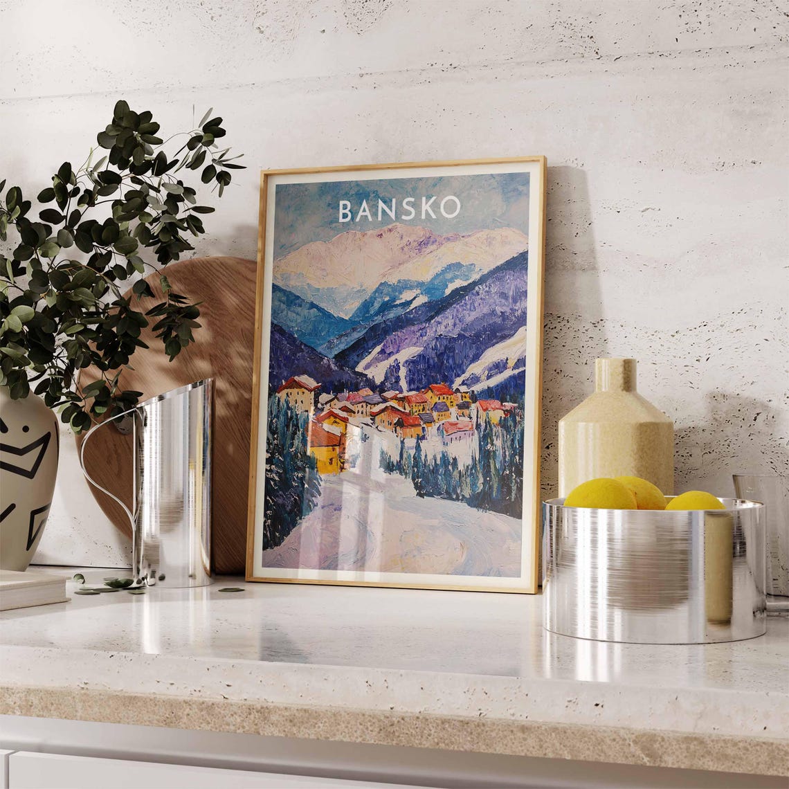 Bansko Bulgaria Painterly Snowy Mountain Resort Village Wall Poster - Image 2
