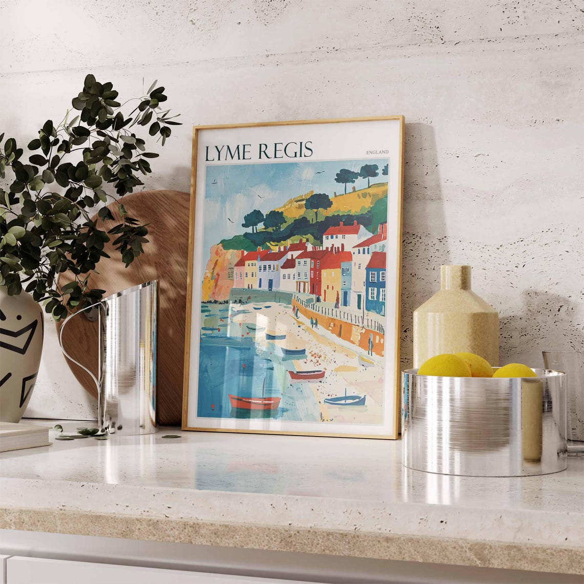Lyme Regis England Colorful Houses Boats Cliffs Waterfront Poster - Image 2