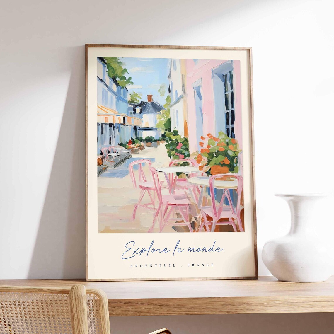 Explore le Monde Argenteuil France Pink Cafe Alley Travel Poster