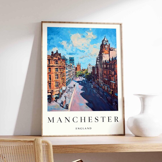 Manchester England Wide Street Historic Clock Tower View Poster