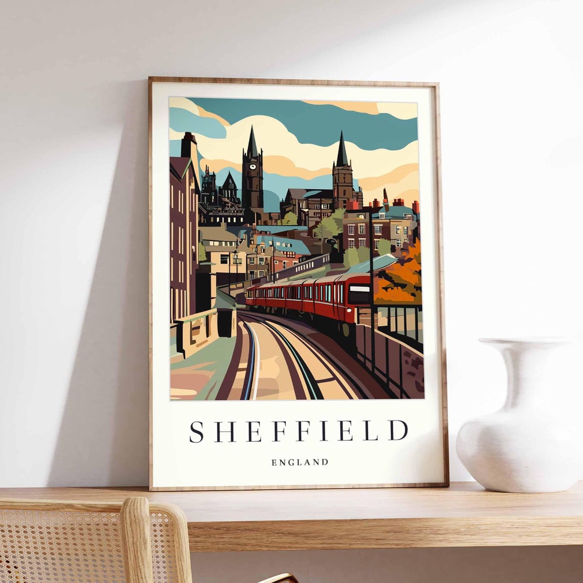 Sheffield England Red Tram Cathedral Spires City View Poster