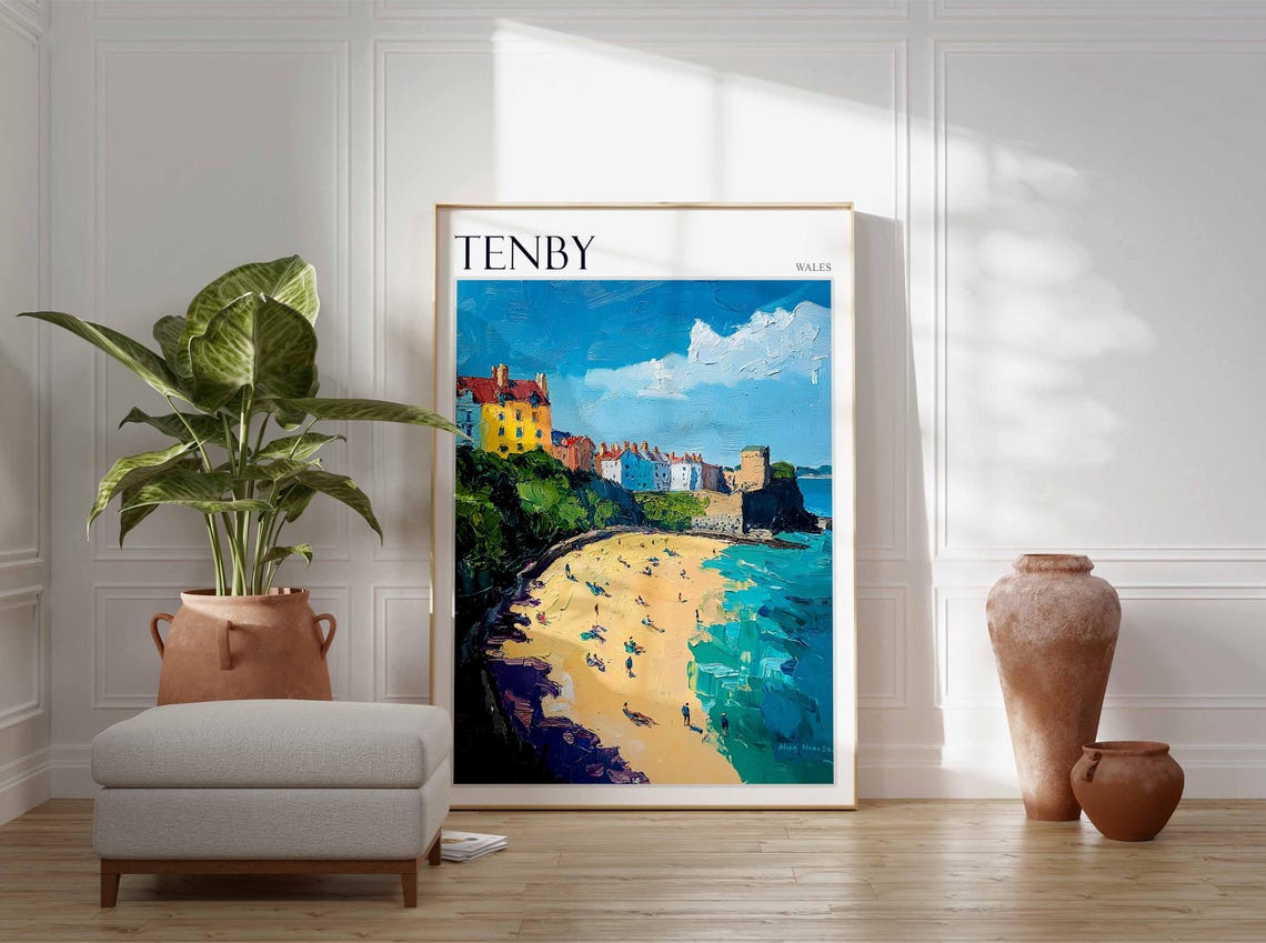Tenby Bay Bold Impasto Turquoise Water Beach Scene Art Poster - Image 2