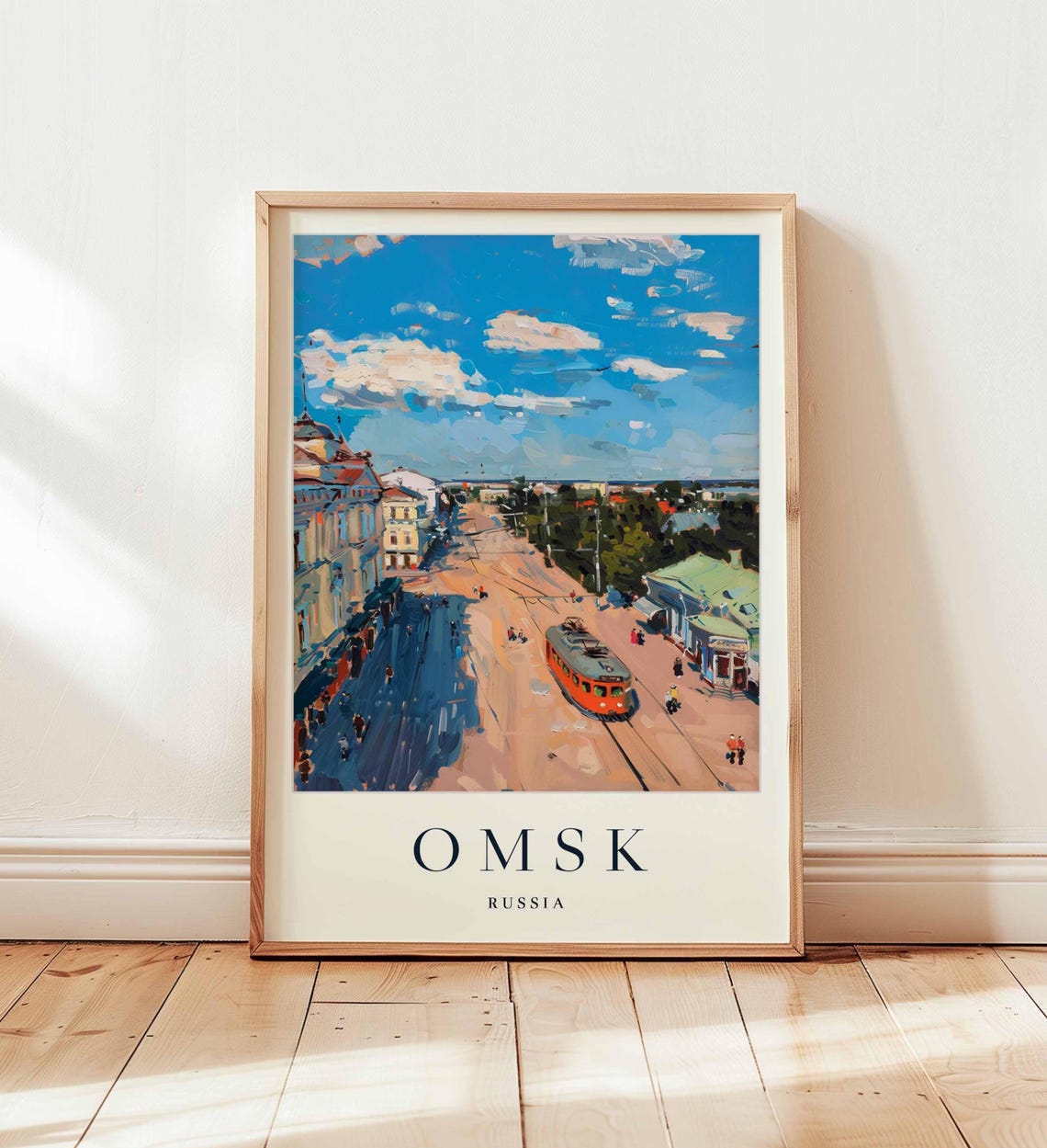 Omsk Russia Red Tram On Wide Sunlit Avenue Watercolor Poster