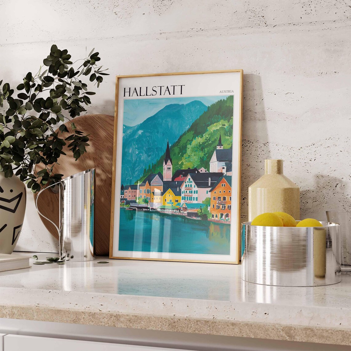Hallstatt Austria Colorful Village Houses Gouache Travel Poster - Image 2