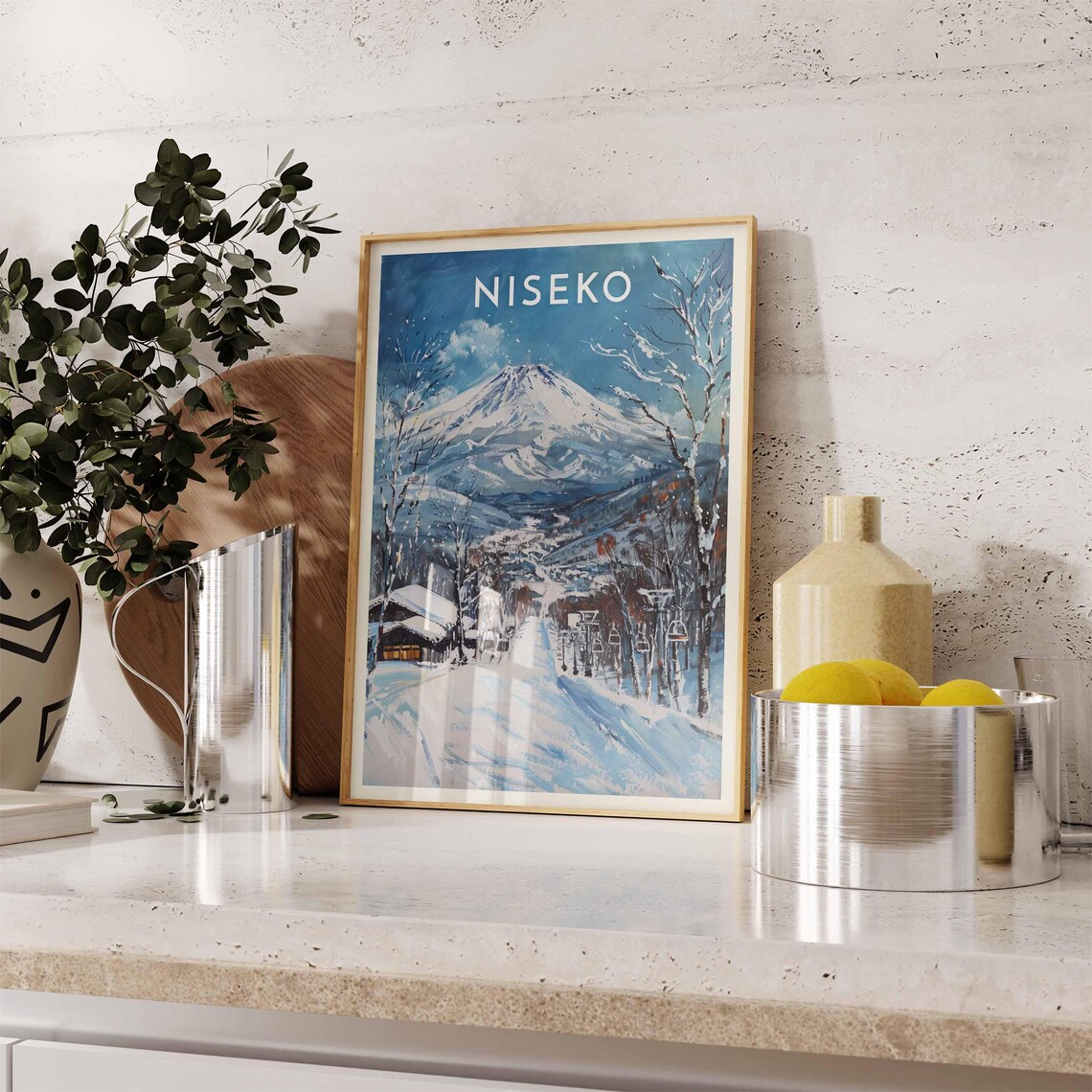 Niseko Japan Chairlift Slope Below Snow Peak Village Blue Travel Poster - Image 2