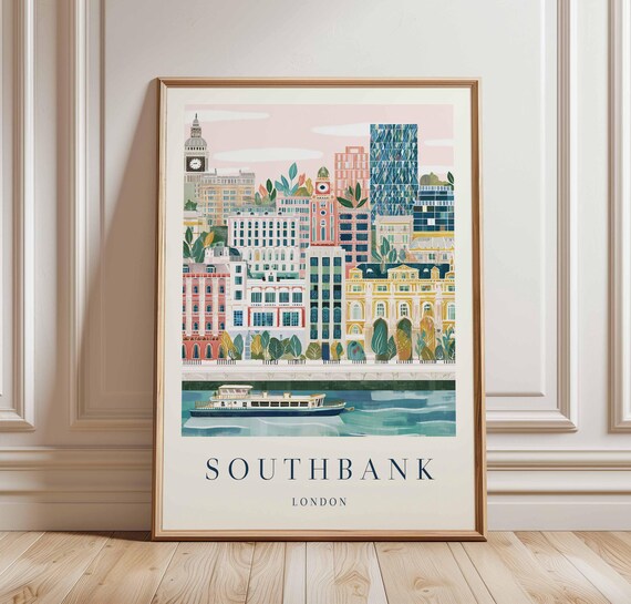 Southbank London Travel Poster Thames River Uk City Art