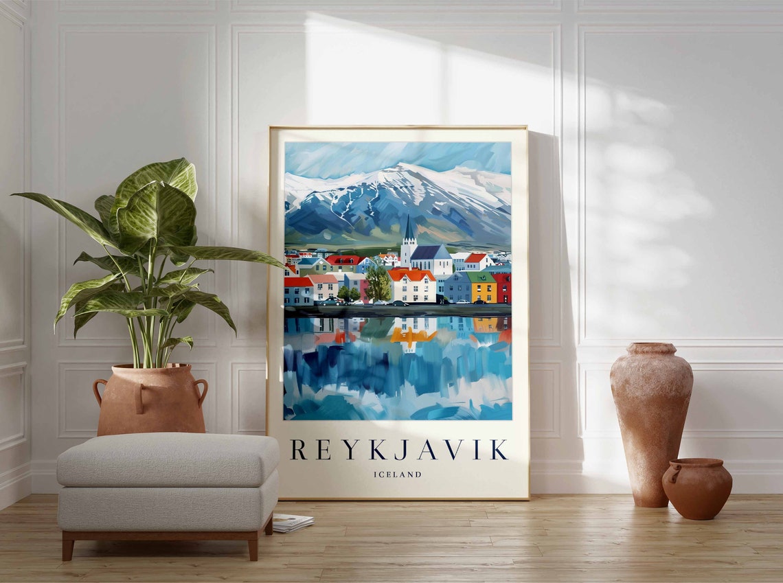 Reykjavik Iceland Waterfront Town With Mountains Travel Poster - Image 3