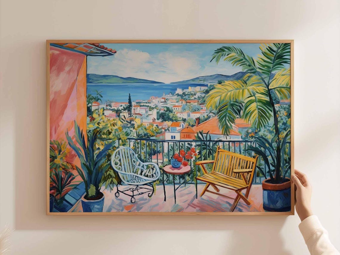 Colombia Terrace View Coastal Town Painterly Balcony Travel Poster