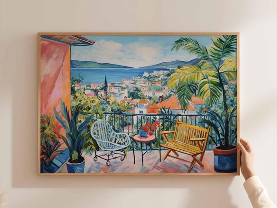 Colombia Terrace View Coastal Town Painterly Balcony Travel Poster