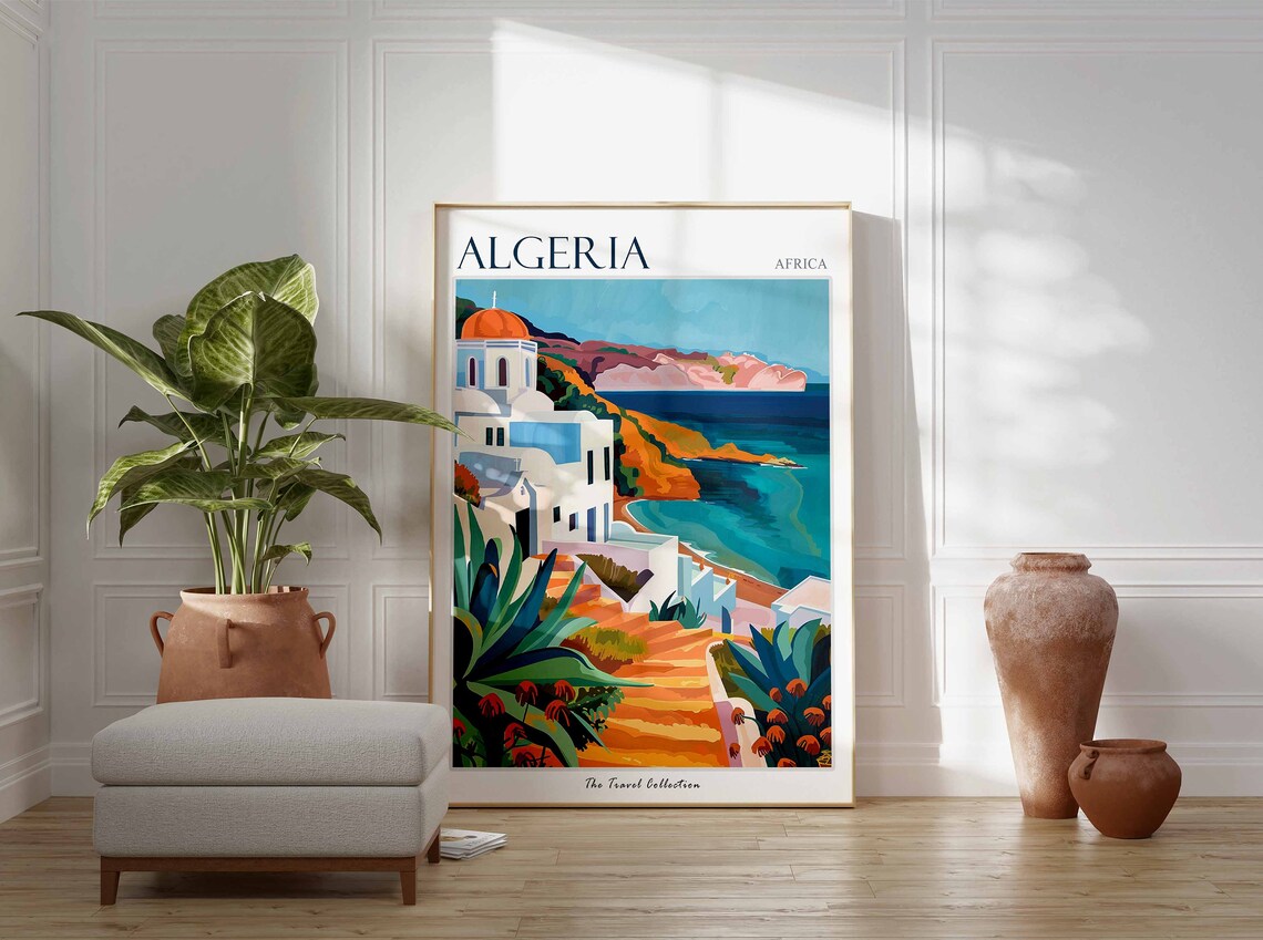 Algeria Africa White Chapel Steps Blue Bay Coastal Travel Poster - Image 2