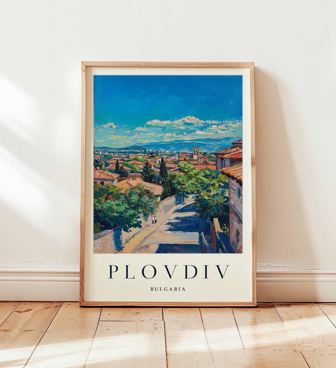Plovdiv Bulgaria Sunny Street Old Town Watercolor Travel Poster