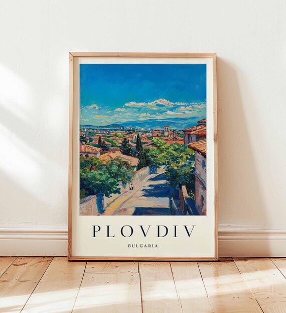 Plovdiv Bulgaria Sunny Street Old Town Watercolor Travel Poster