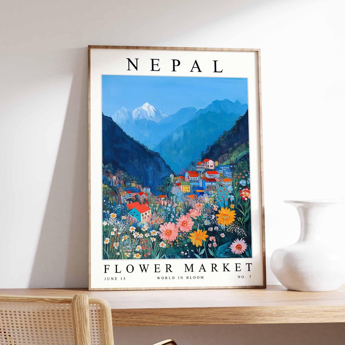 Nepal Flower Market Snow Capped Mountain Peaks Valley Art Poster
