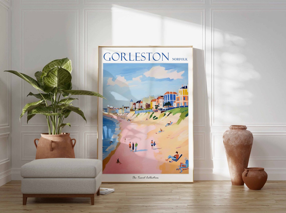 Gorleston Norfolk Pink Sandy Beach Seafront Town Sunbathers Poster - Image 3