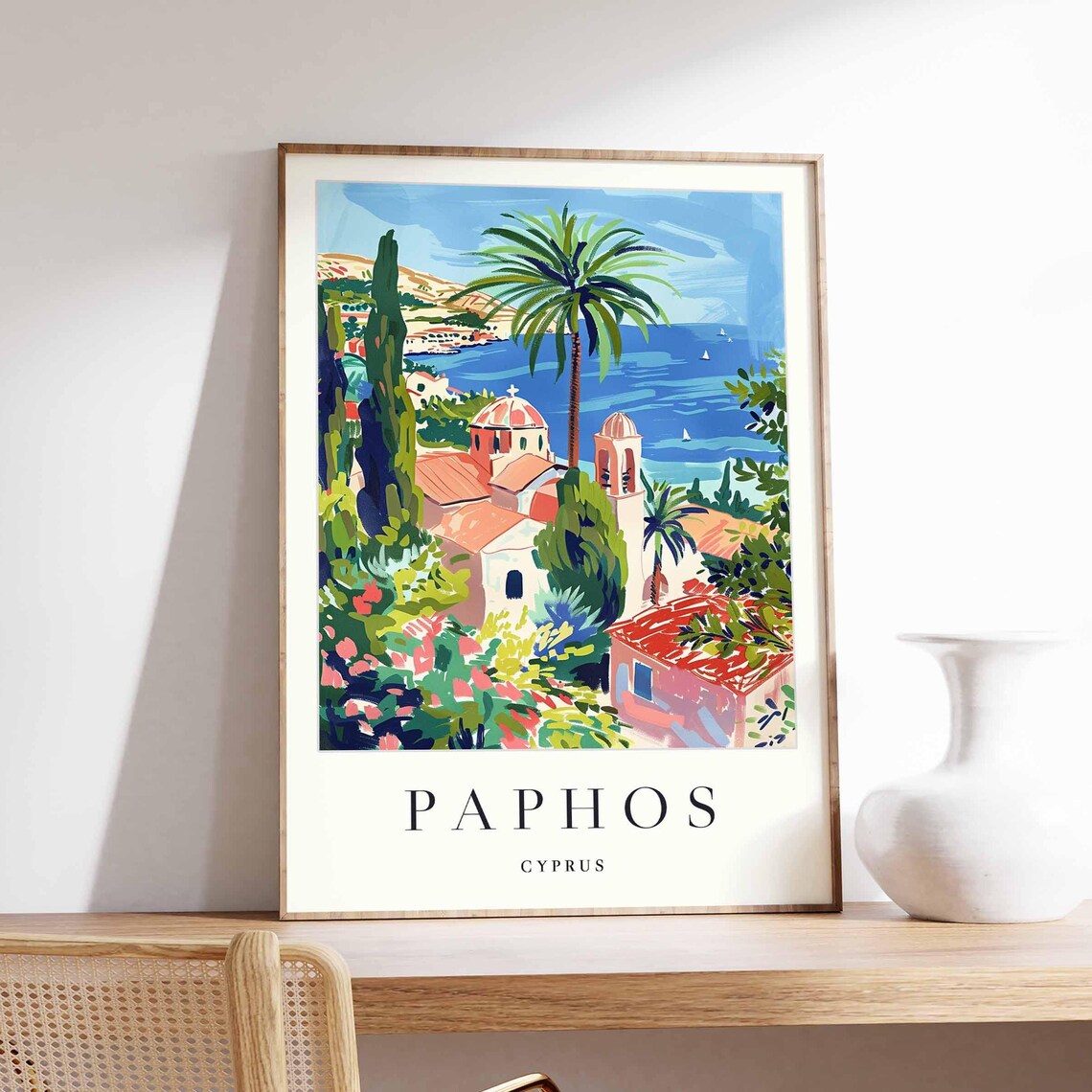Paphos Cyprus Coastal Church Palm Trees Sunny Travel Art Poster