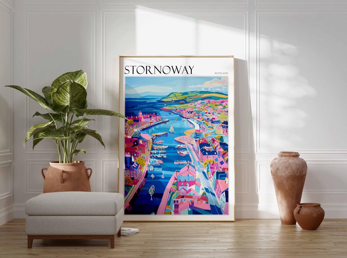 Stornoway Aerial Curved Harbor Magenta Houses Bright Scotland Poster - Image 2