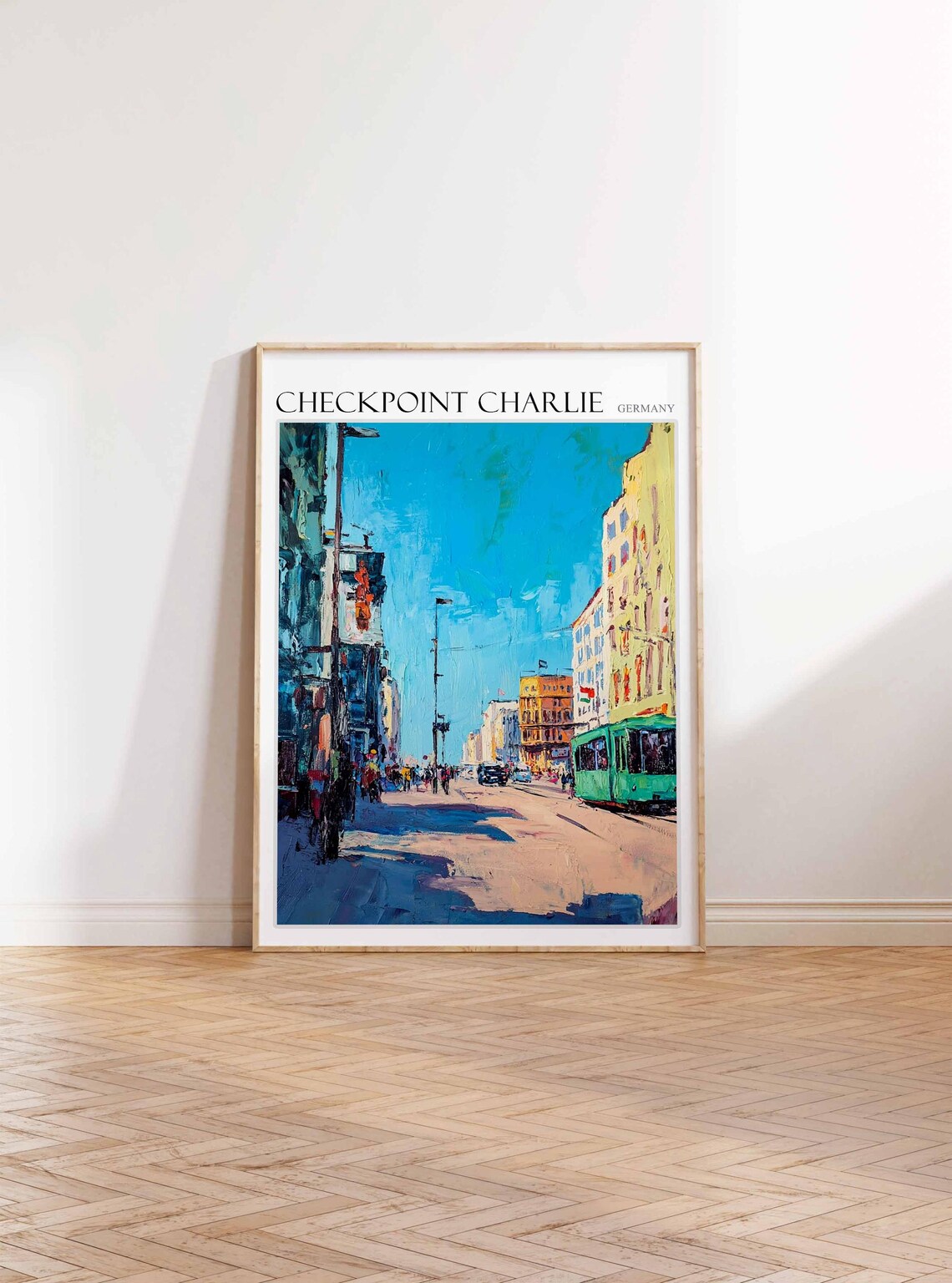 Checkpoint Charlie Berlin Street with Green Bus Oil Painting Poster - Image 3