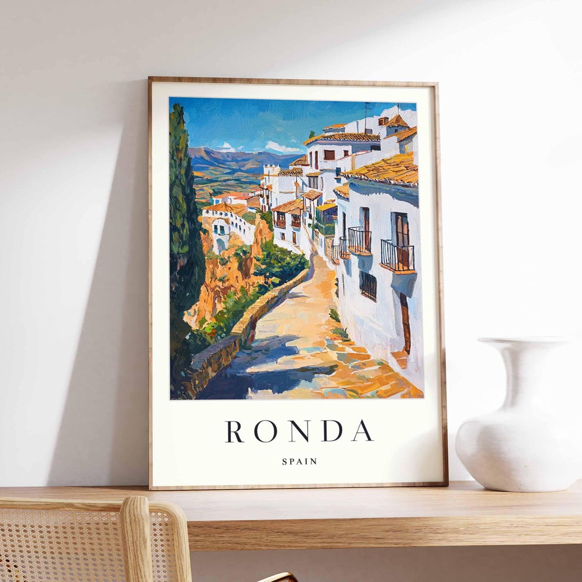 Ronda Spain Poster With White Houses Along A Cypress Cliff Path View