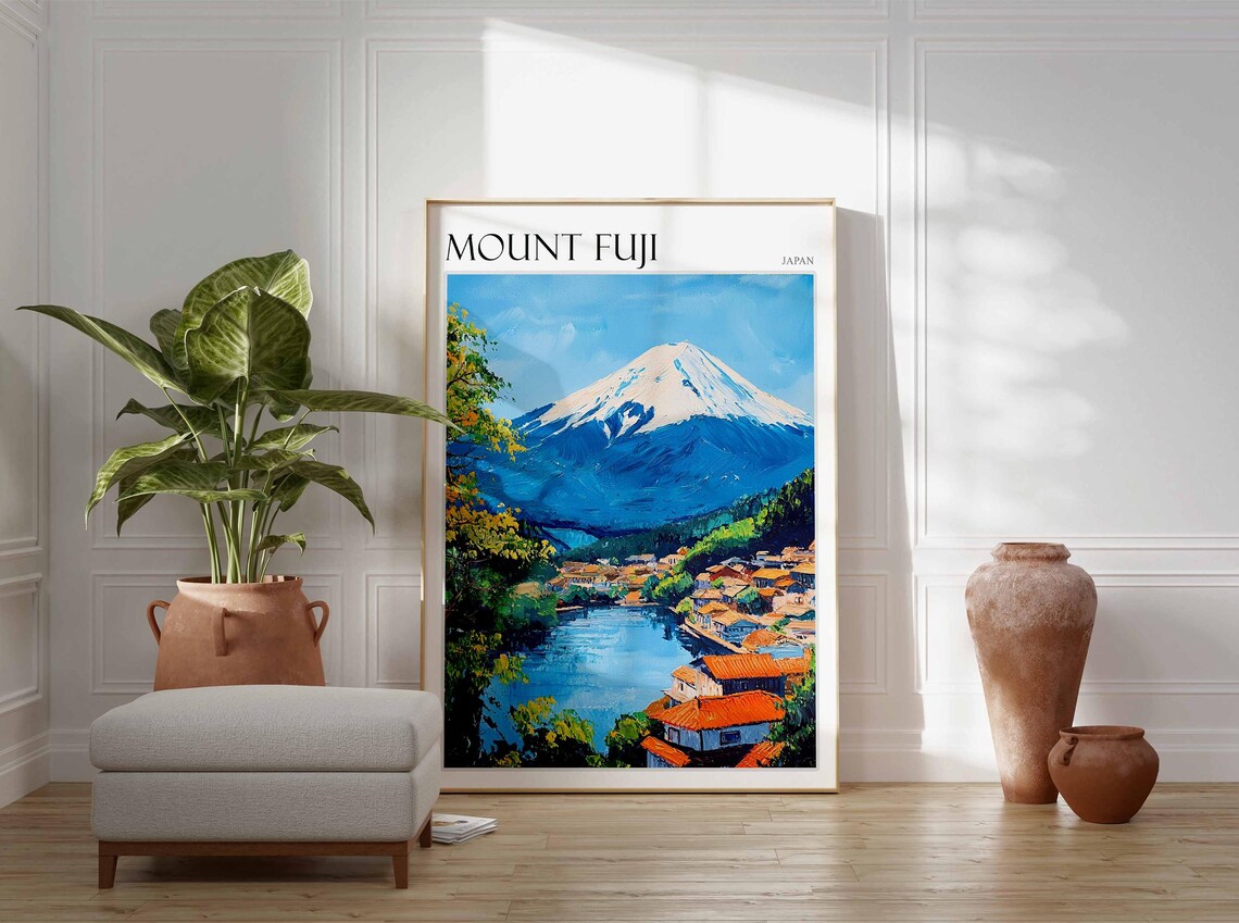 Mount Fuji Japan Lakeside Village with Red Tile Roofs Travel Poster - Image 3