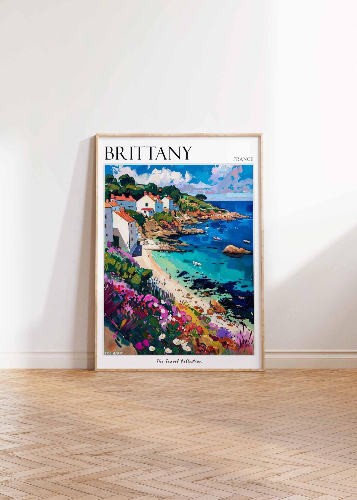 Brittany France Rocky Cove Beach White Houses Wildflower Poster - Image 2