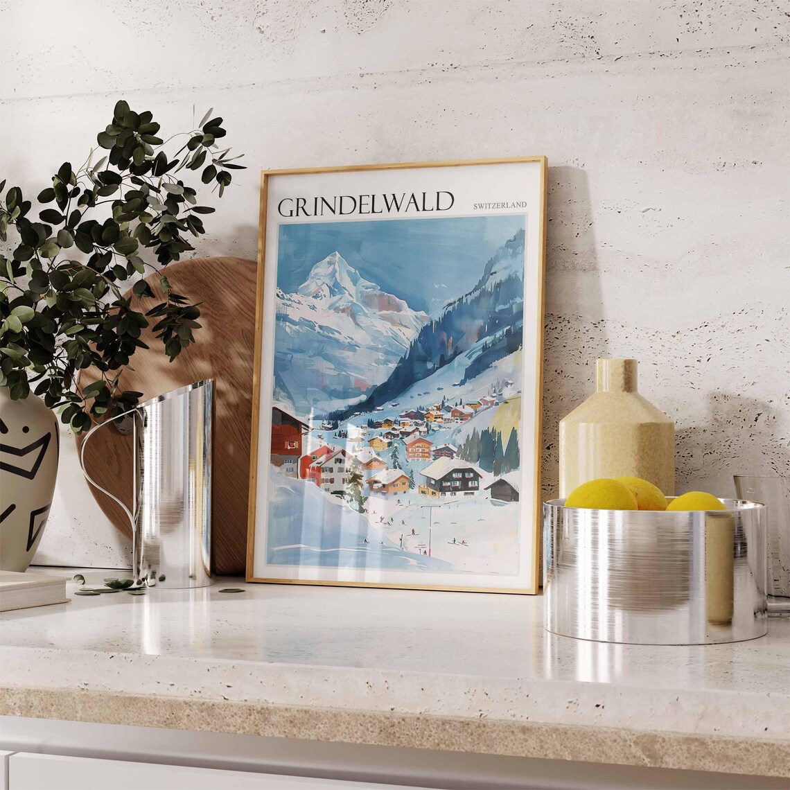 Grindelwald Switzerland Chalets Skiers Iconic Peak Ski Poster - Image 2