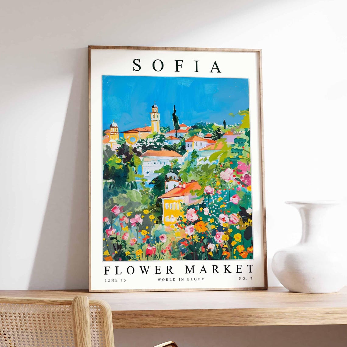 Sofia Flower Market Hillside Red Roof Town Rose Scene Poster