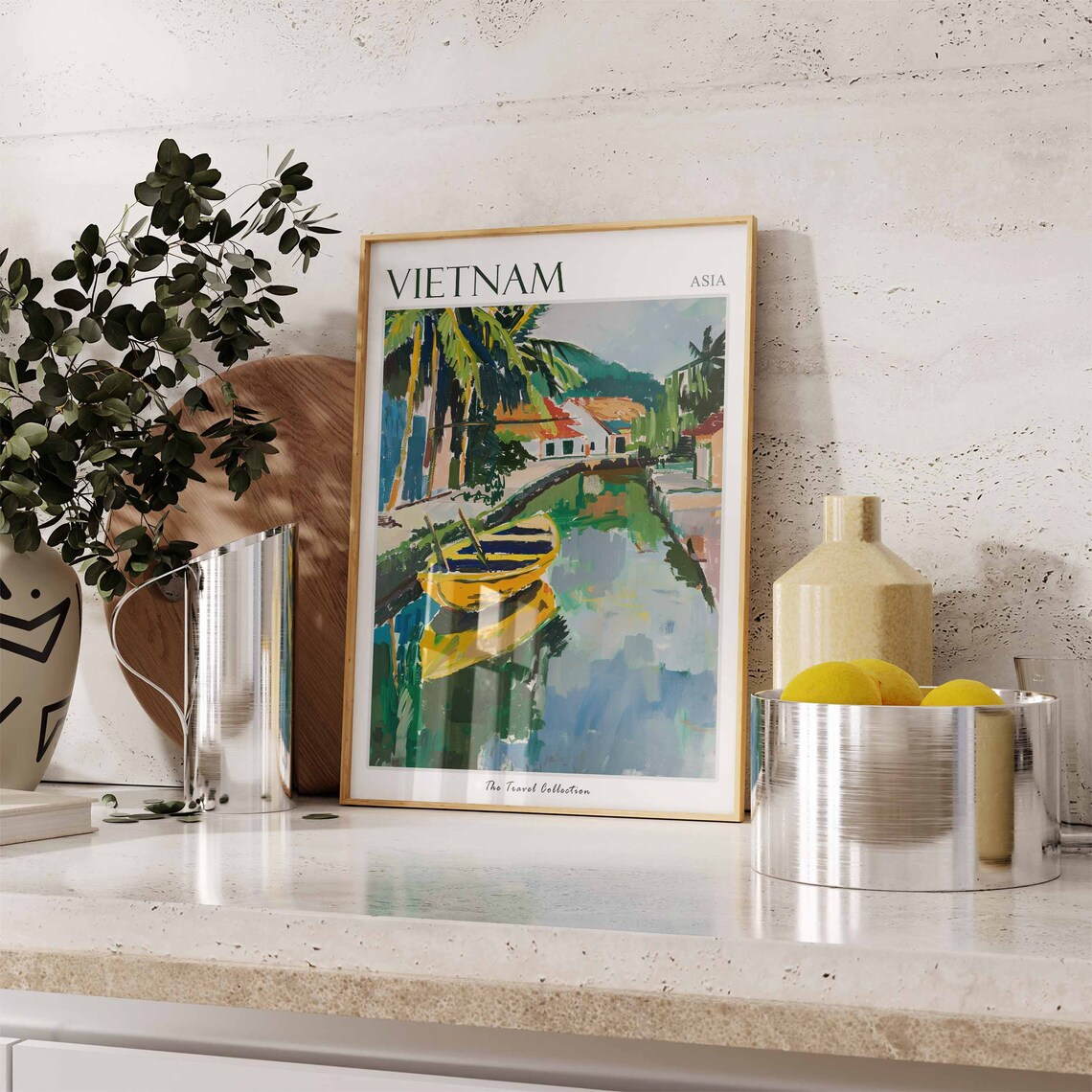 Vietnam Asia Painted River Canal Yellow Boat Palm Trees Travel Poster - Image 3