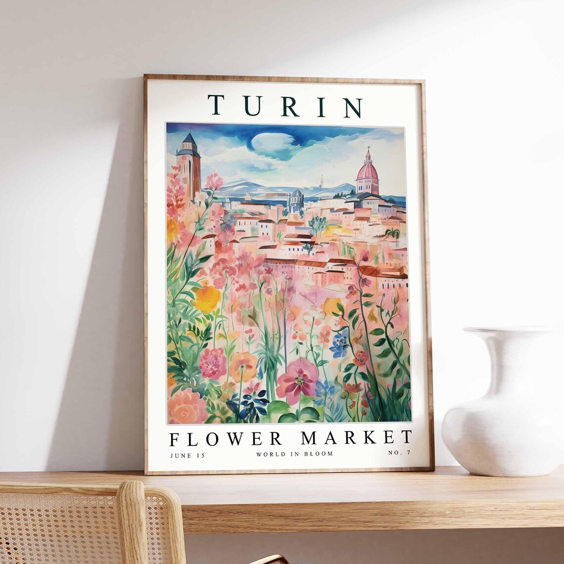 Turin Flower Market Pink Watercolor Cityscape Wildflower Meadow Poster