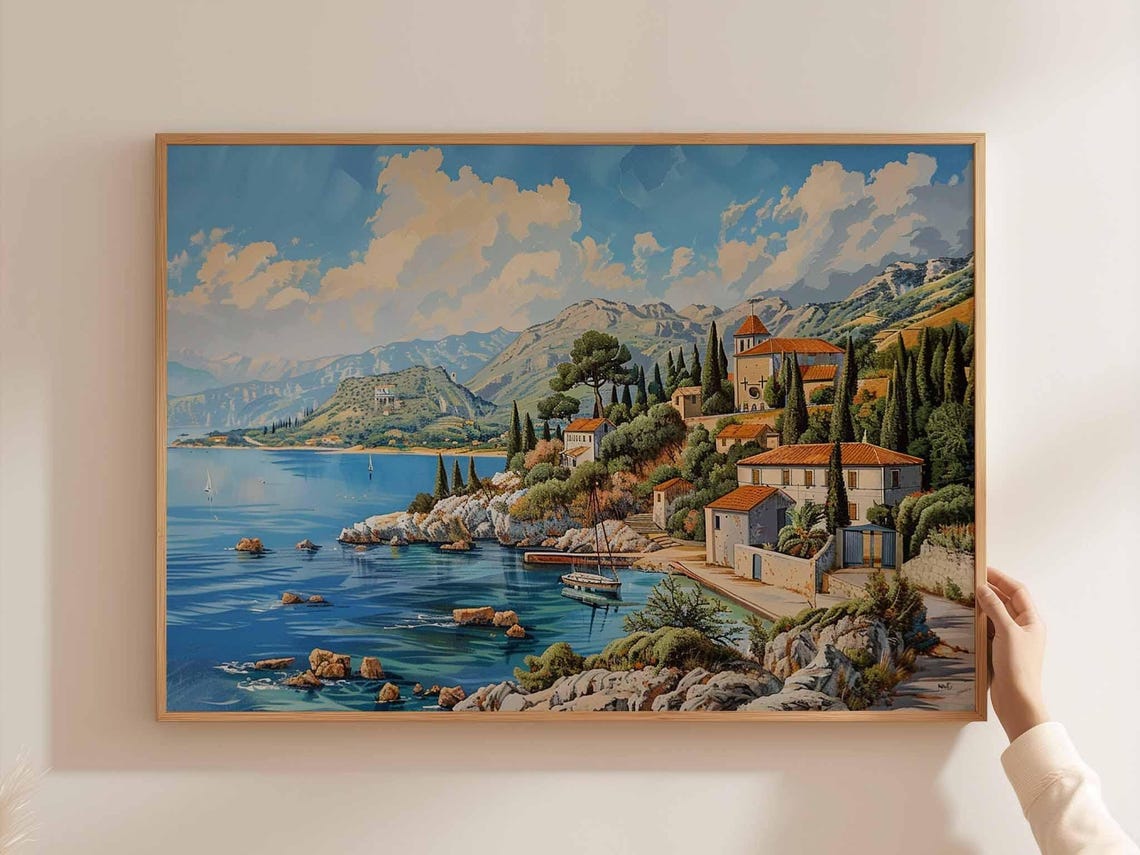 Corfu Greece Rocky Cove Blue Water Seaside Chapel Painting Poster