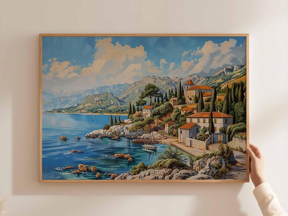 Corfu Greece Rocky Cove Blue Water Seaside Chapel Painting Poster
