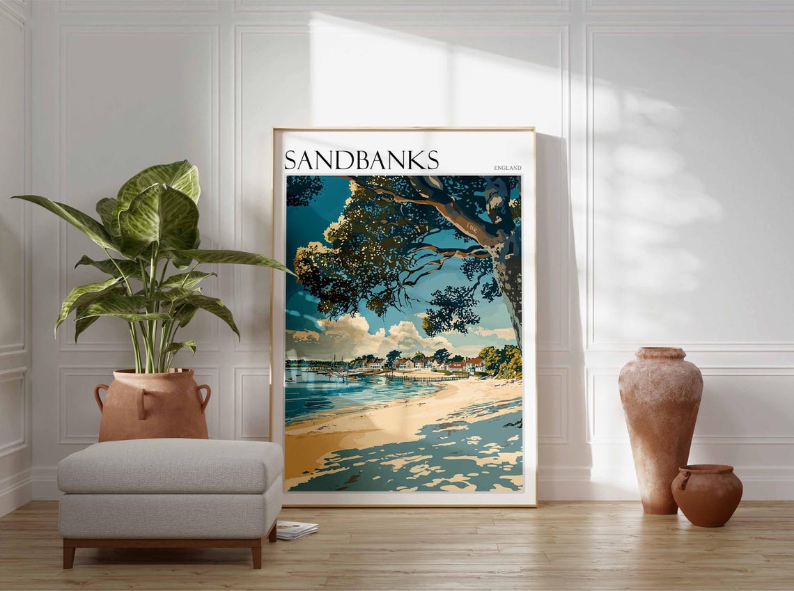 Sandbanks England Shaded Beach Tree Canopy Distant Town Art Poster - Image 2