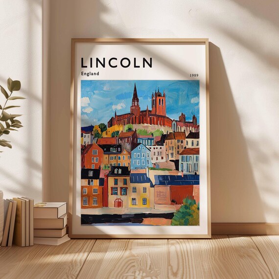 Lincoln England 1989 Travel Poster With Red Cathedral Townscape Hills