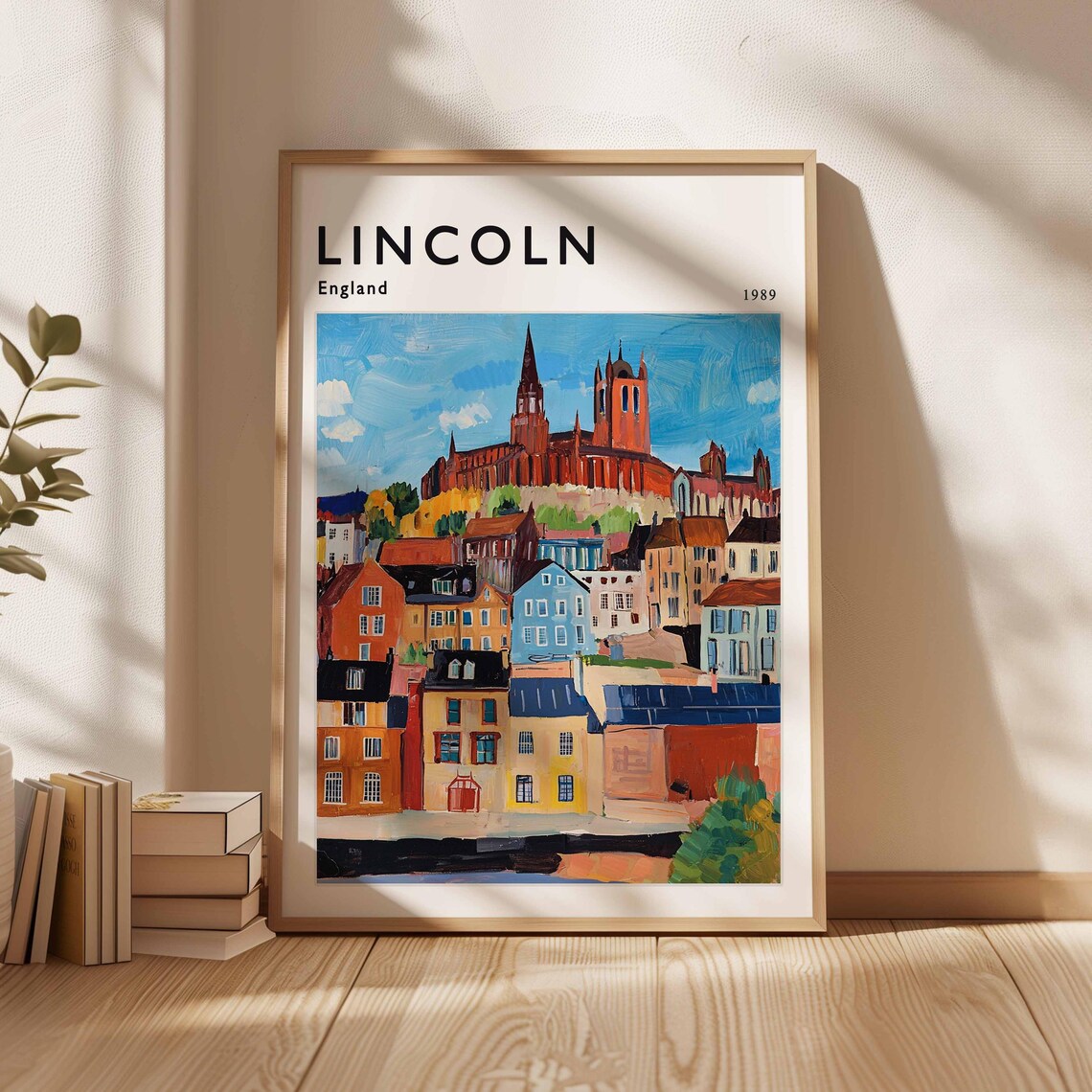 Lincoln England 1989 Travel Poster With Red Cathedral Townscape Hills