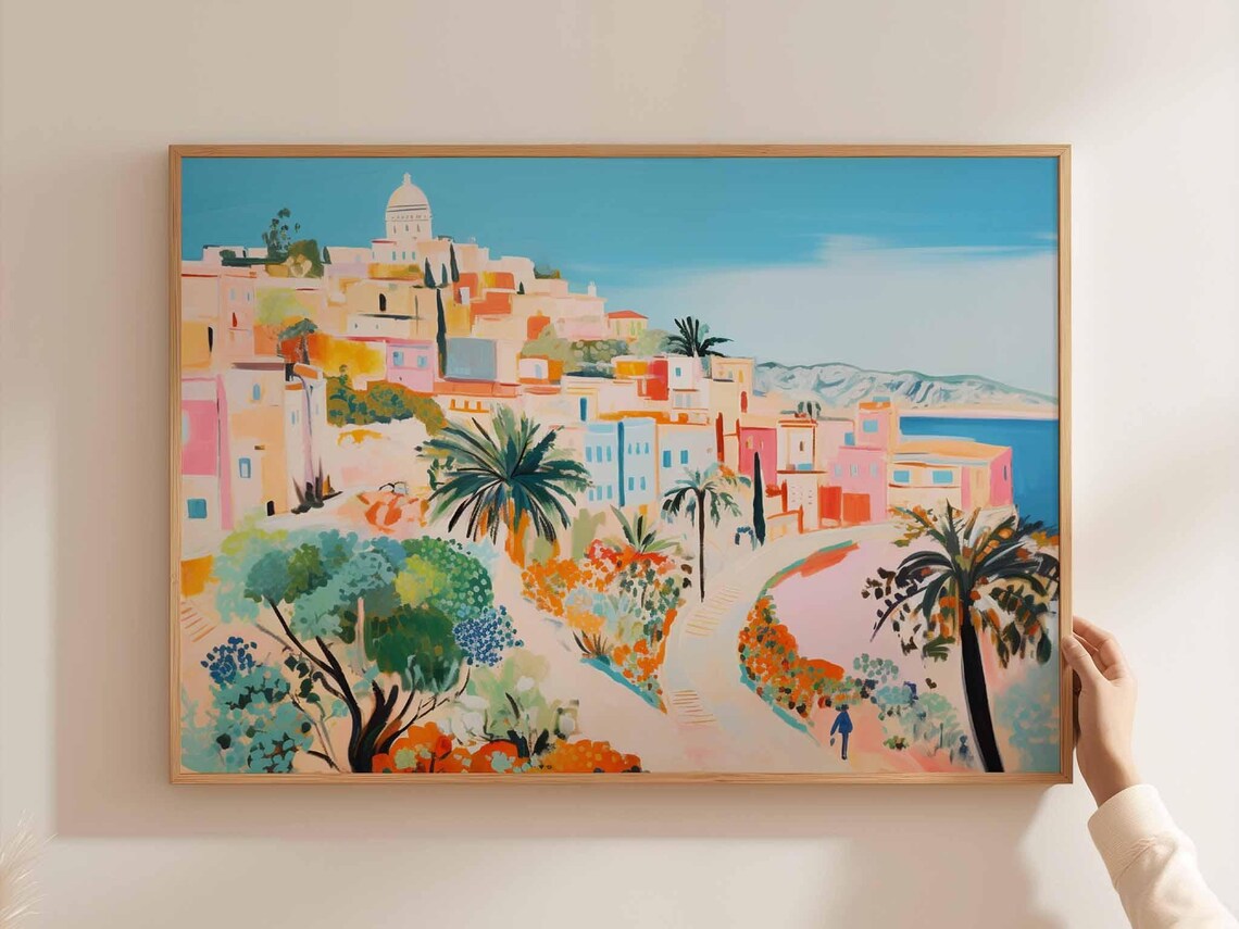 Algeria Colorful Coastal Hillside Old Town Palm Trees Art Poster