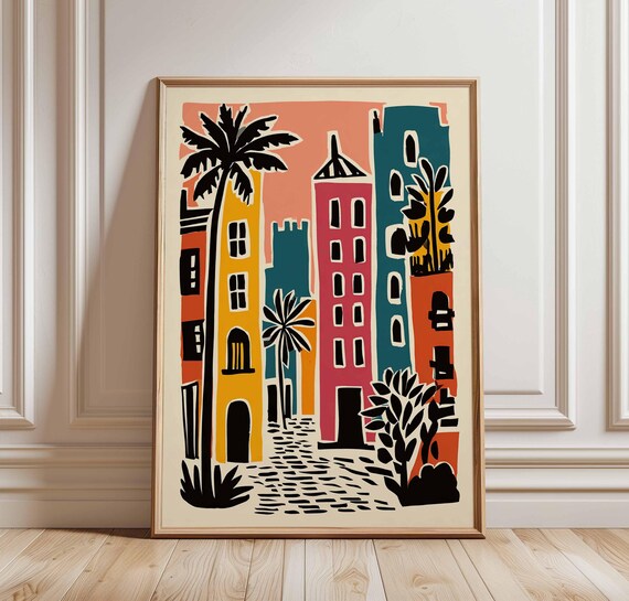 Colorful City Street Mid Century Style Architecture Illustration Poster