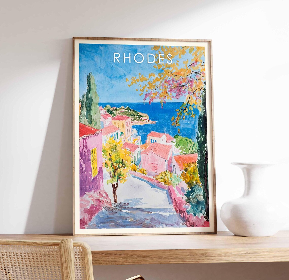 Rhodes Greece Island Village Seaside Hills Watercolor Poster