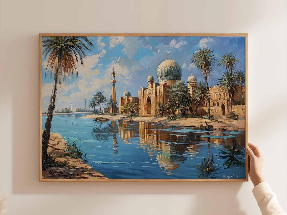 Baghdad Palm Fringed Riverside Mosque River View Travel Poster