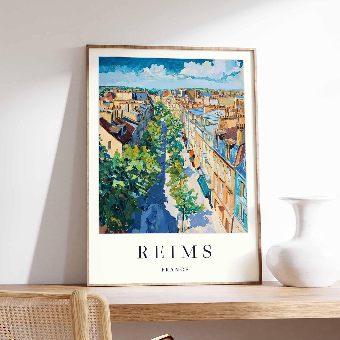 Reims France Aerial Tree Lined Street Blue Sky City View Poster
