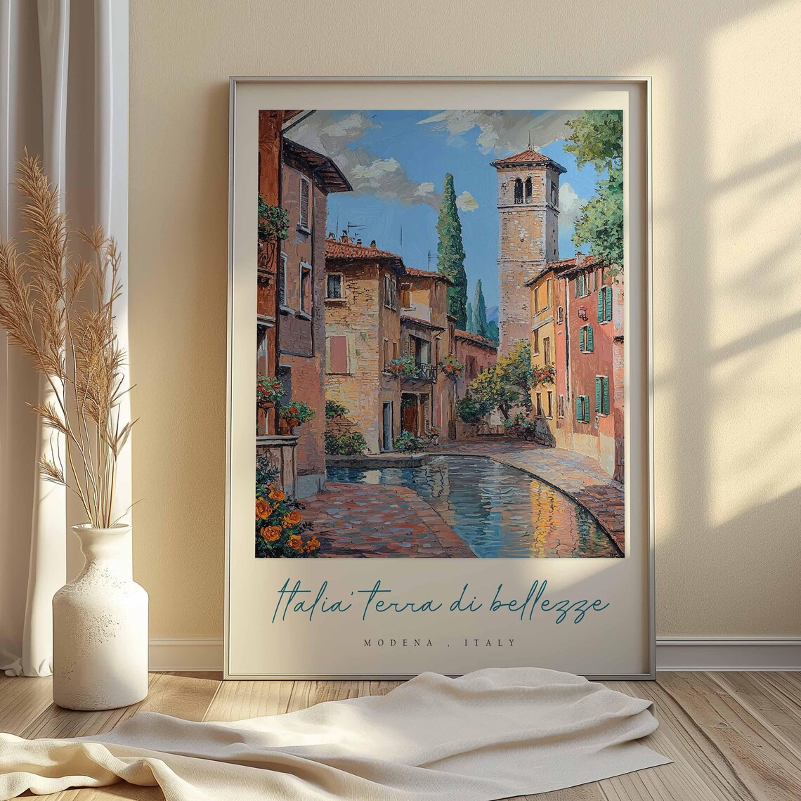 Modena Canal Village Bell Tower Geraniums Italy Travel Poster - Image 2