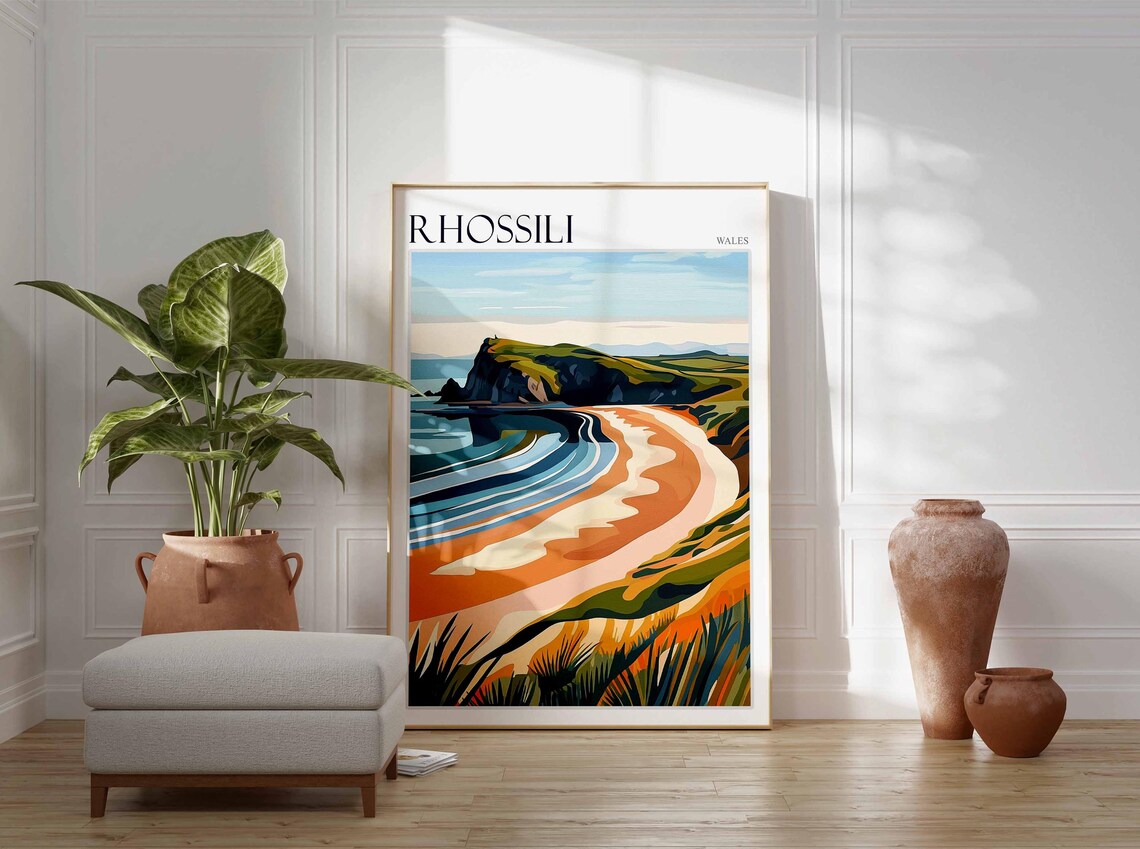 Rhossili Wales Retro Graphic Curved Bay Headland Art Style Poster - Image 4