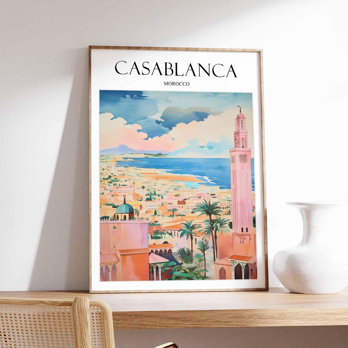 Casablanca Morocco Hassan II Minaret Pink City Coastline Poster