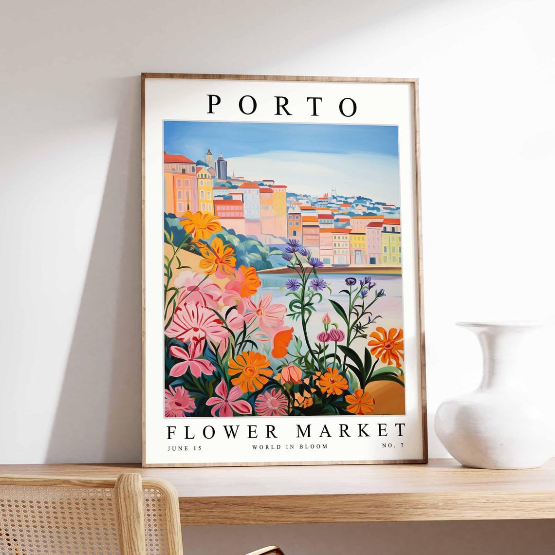 Porto Skyline Over Water Large Cosmos Flower Flat Floral Travel Poster
