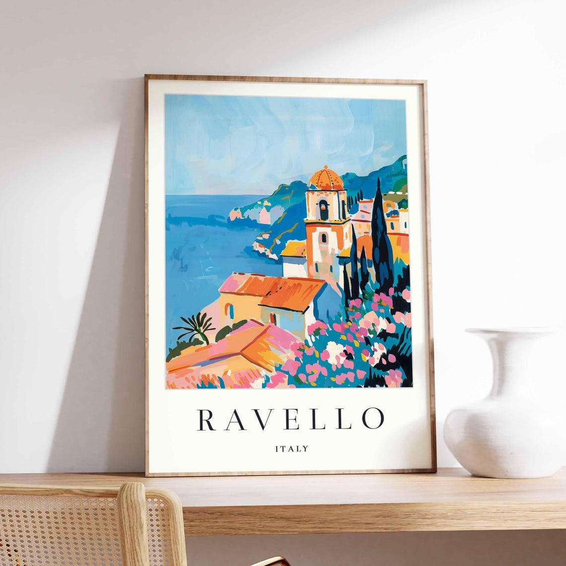Ravello Italy Domed Bell Tower Cypress Trees Pink Flowers Sea Poster