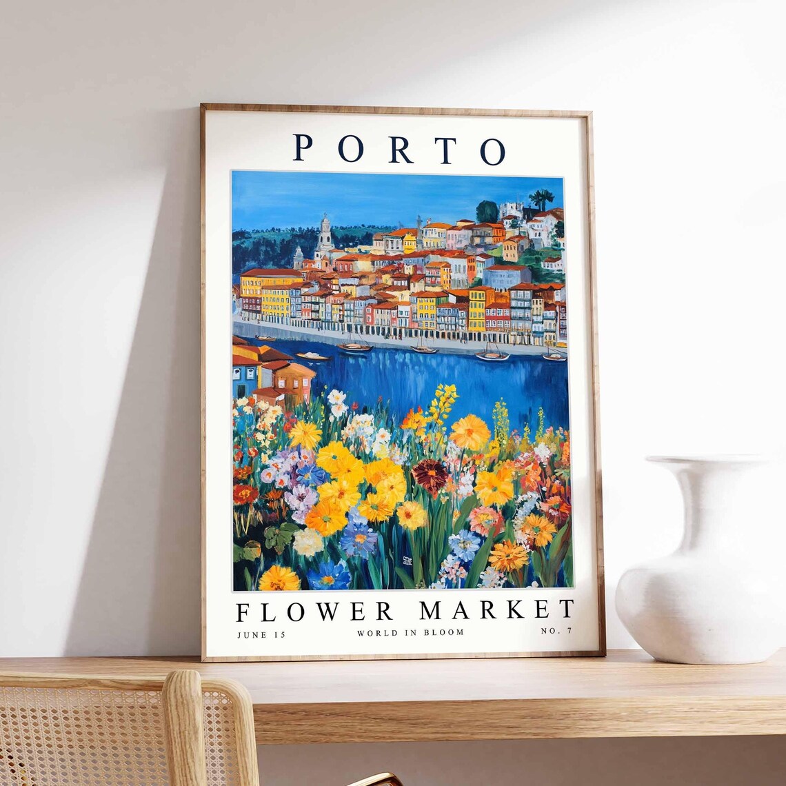 Porto Skyline Deep Blue Douro Marigold Dahlia Bed Floral Travel Poster