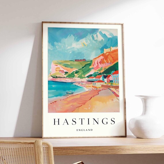 Hastings England Colorful Seaside Beach Vintage Travel Art Poster