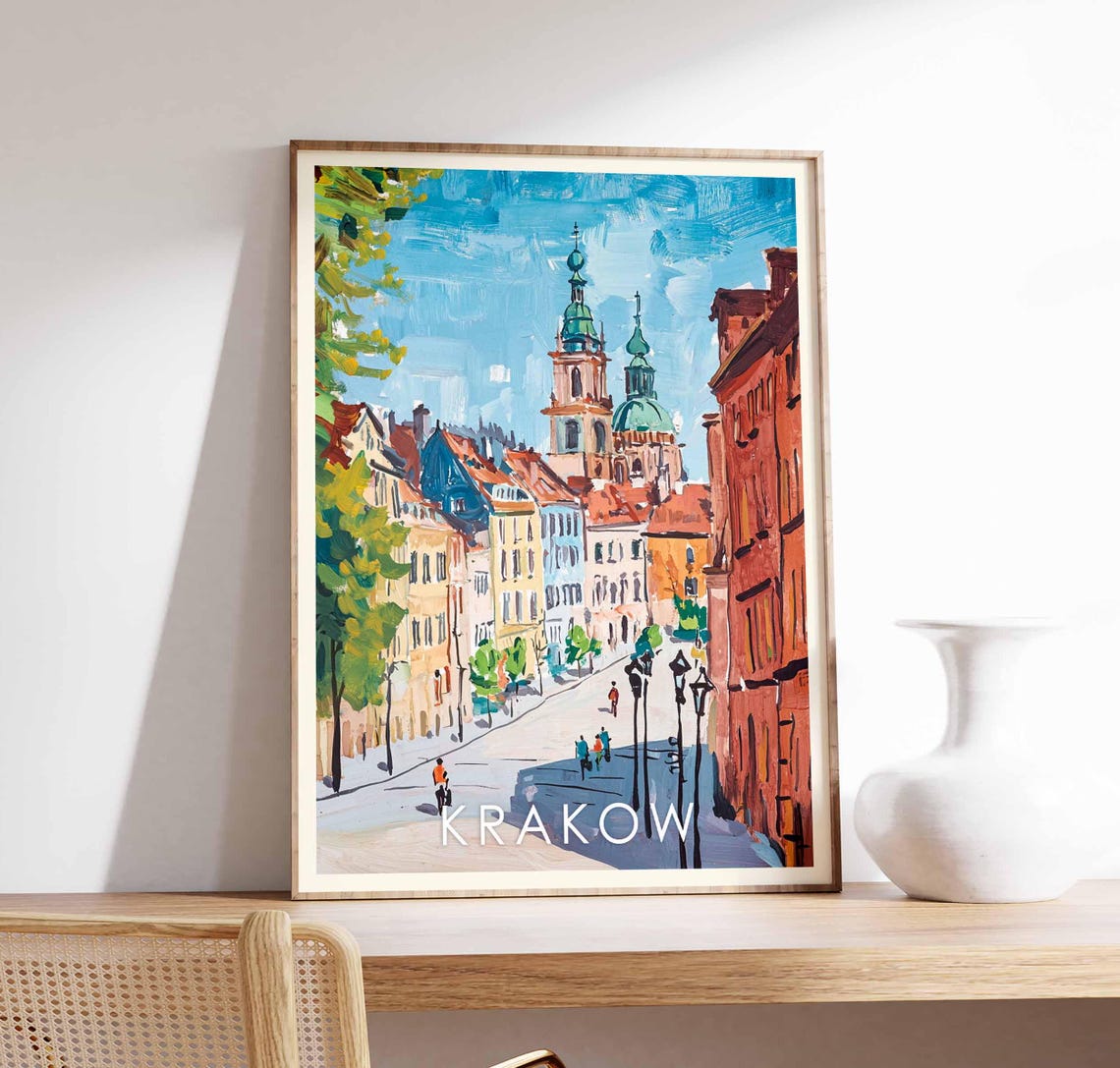 Krakow Poland Old Town Church Towers Cobblestone Street Poster