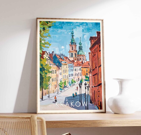 Krakow Poland Old Town Church Towers Cobblestone Street Poster