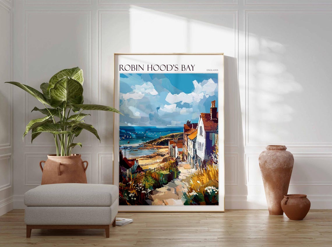 Robin Hood's Bay England Painted Cliff Path Sailboats Poster - Image 4
