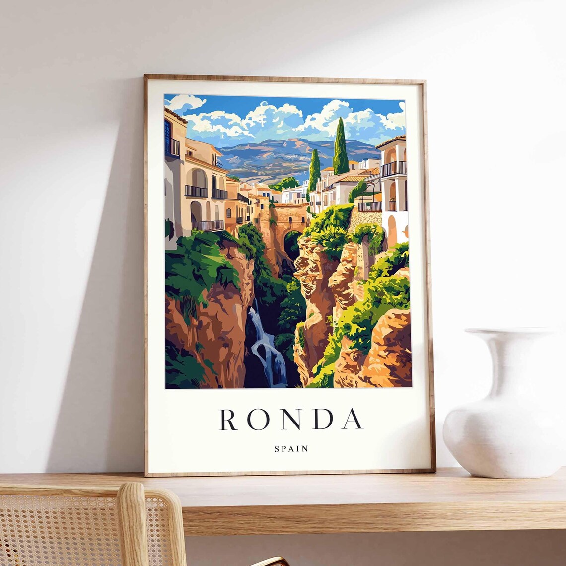 Ronda Spain Poster With Puente Nuevo Bridge And Waterfall Gorge